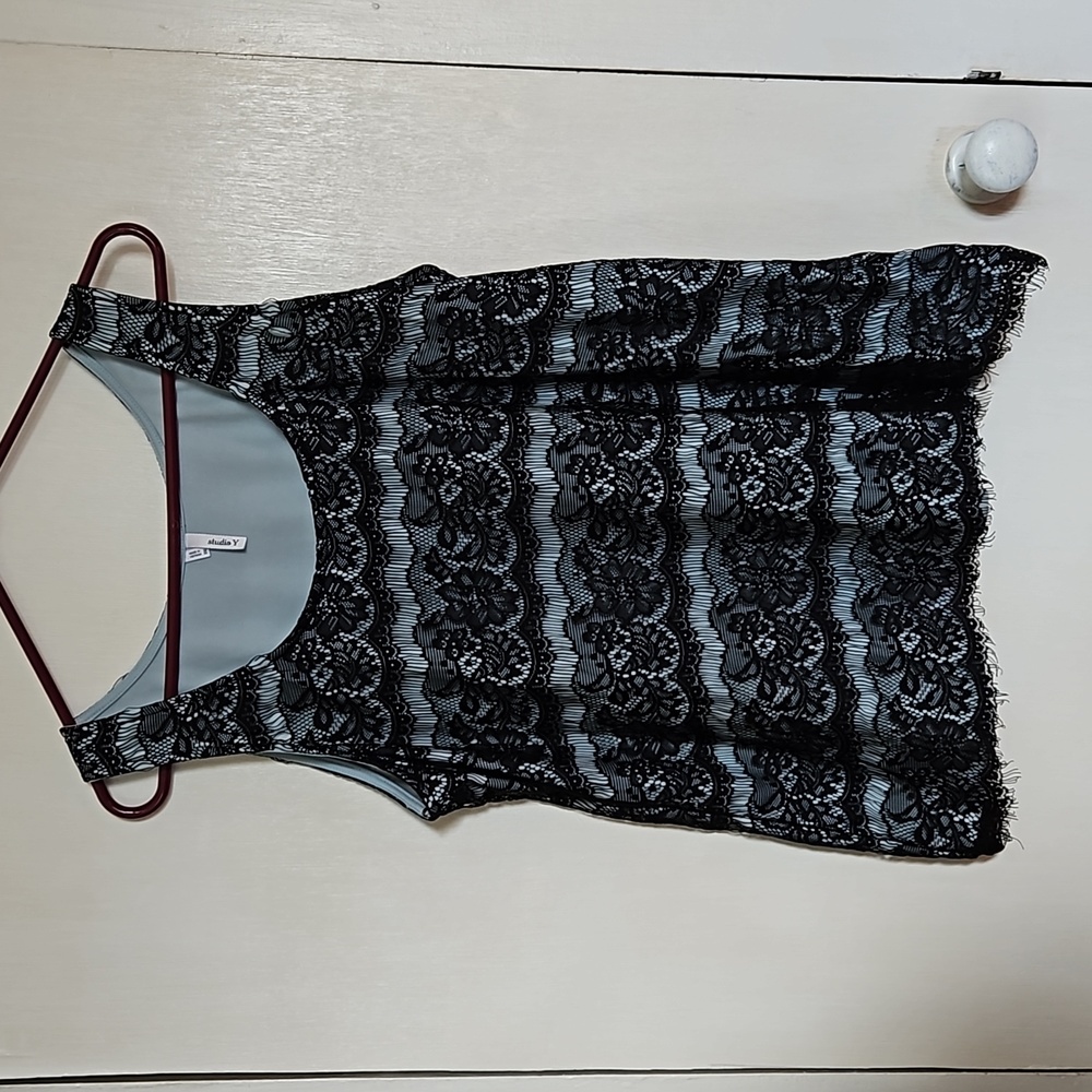 Studio Y blue tank with black lace overlay and fringe bottom
